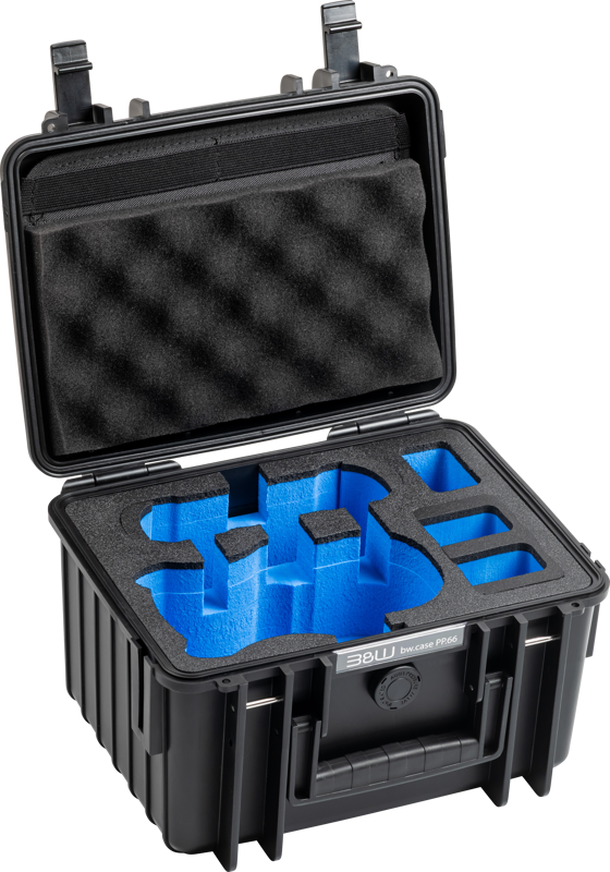 B&W Outdoor Case Type 2000 til DJI Mini 5 Pro i sort, åben med tomt skuminlay